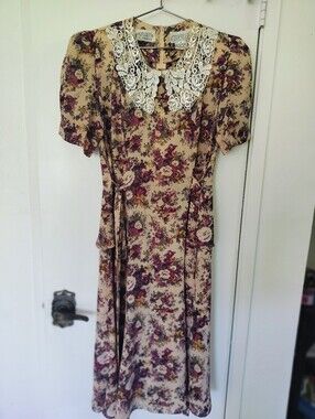 Vintage 80s Liz Roberts Petite Floral Midi Dress Lace Collar Cottagecore Size 6
